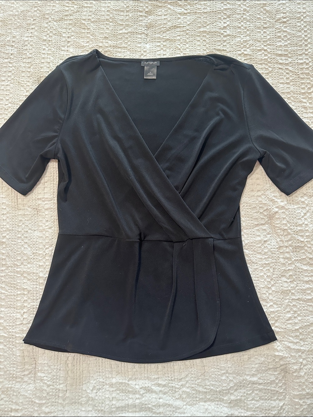 Ann Taylor Black Faux-Wrap Short Sleeve Blouse